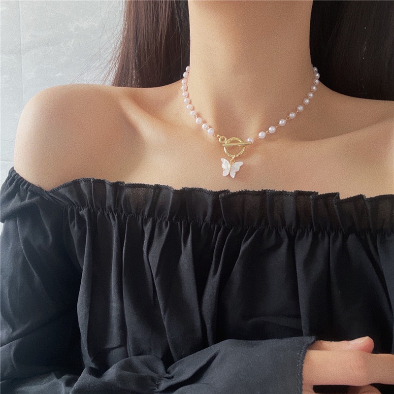 Vòng cổ Mặt Hình Bướm Phối Ngọc Trai Thời Trang Cho Nữ