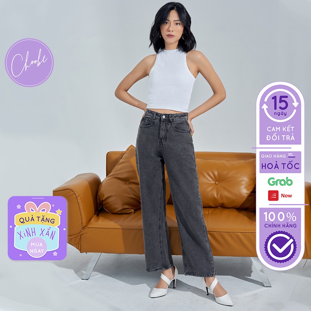 Quần jean nữ Choobe ống rộng lưng cao bò suông đen vải dày dặn cao cấp phong cách thời trang Hàn Quốc QJ09 - Hàng nhập k