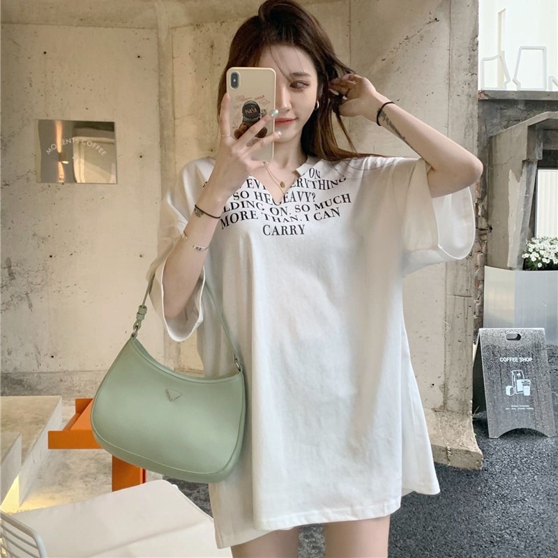 Áo thun IELGY tay ngắn cổ chữ V dáng rộng màu đen/ trắng phong cách Hàn Quốc cho nữ