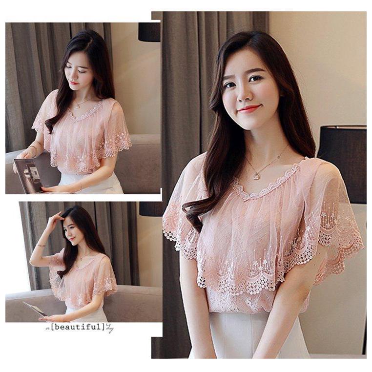 Áo kiểu chiffon phối ren hoa cổ V nữ tính