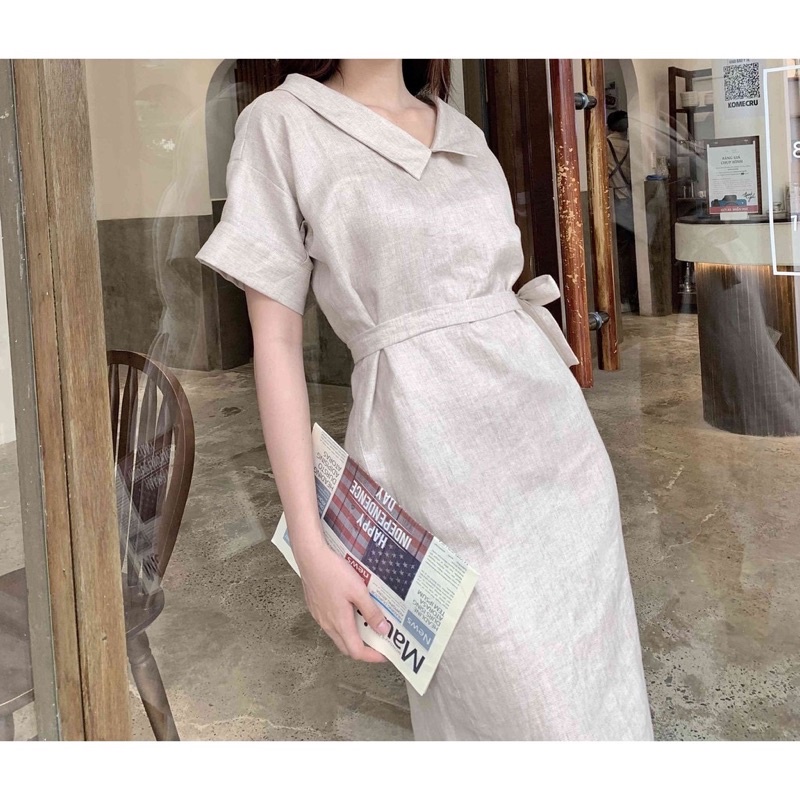 Đầm linen tưng Premium cổ bẻ thắt eo