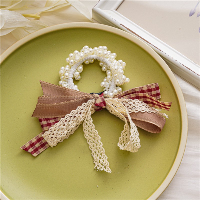 Dây Cột Tóc Co Giãn Cao Phối Ren Đính Ngọc Trai Thiết Kế Mới Thời Trang Hàn Quốc Cho Nữ