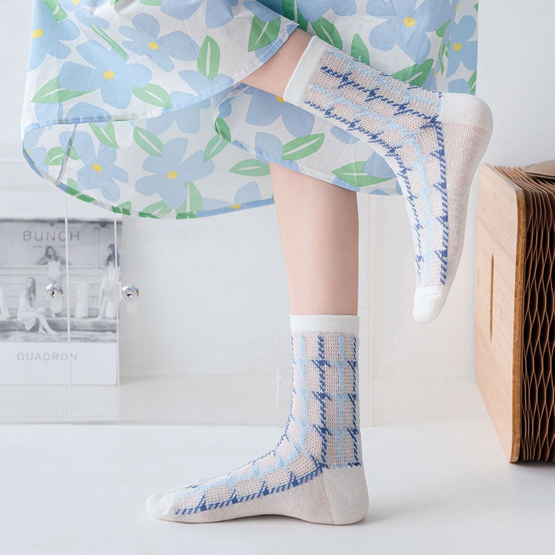 TL111 Tất vớ nữ cổ cao tất lưới tông xanh dương - trắng LOLITA