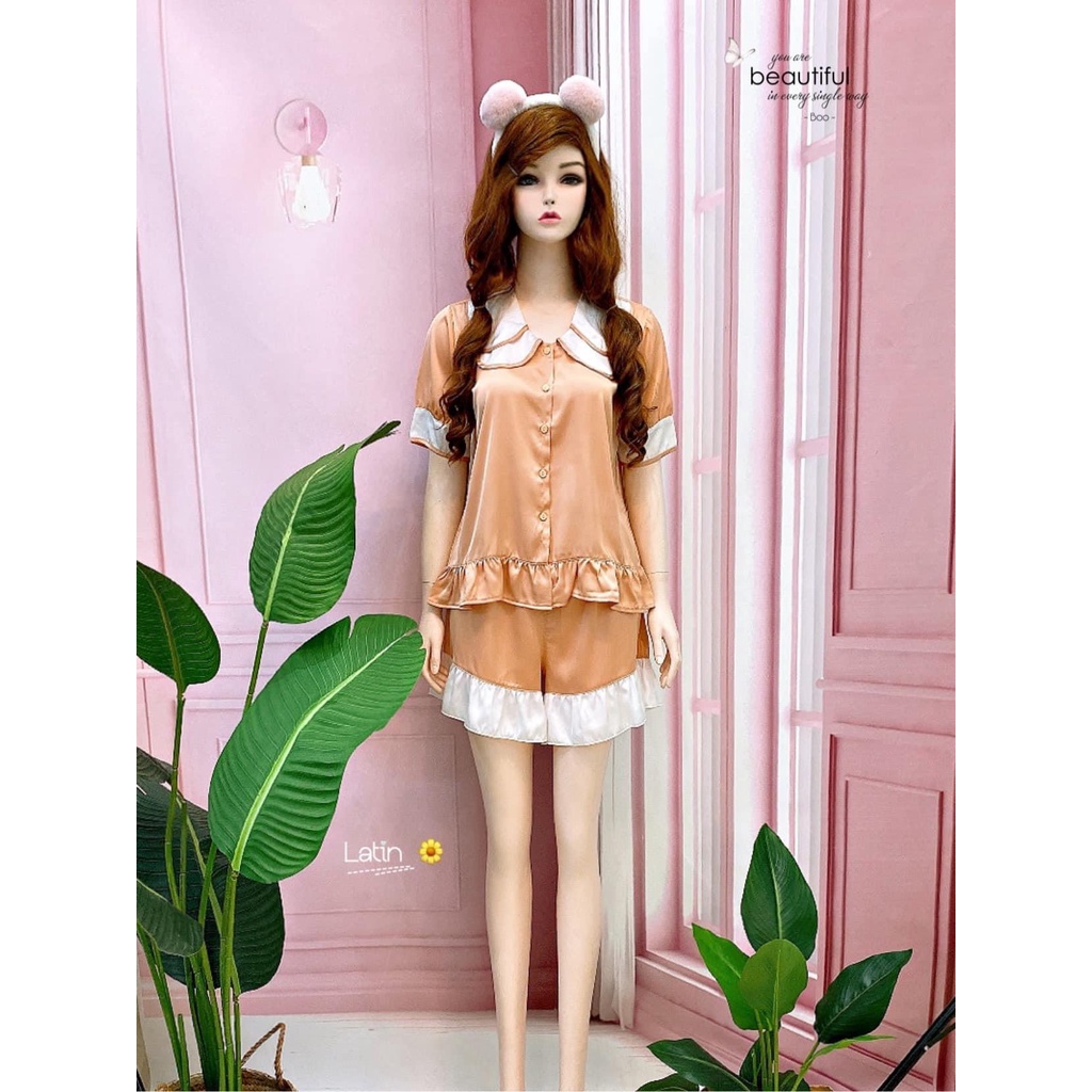 Bộ ngủ lụa nữ pijama  đồ bộ mặc nhà cute chất satin cao cấp mềm mịn mát, đùi bèo tiểu thư siêu xinh -DB008 LANA QUEEN