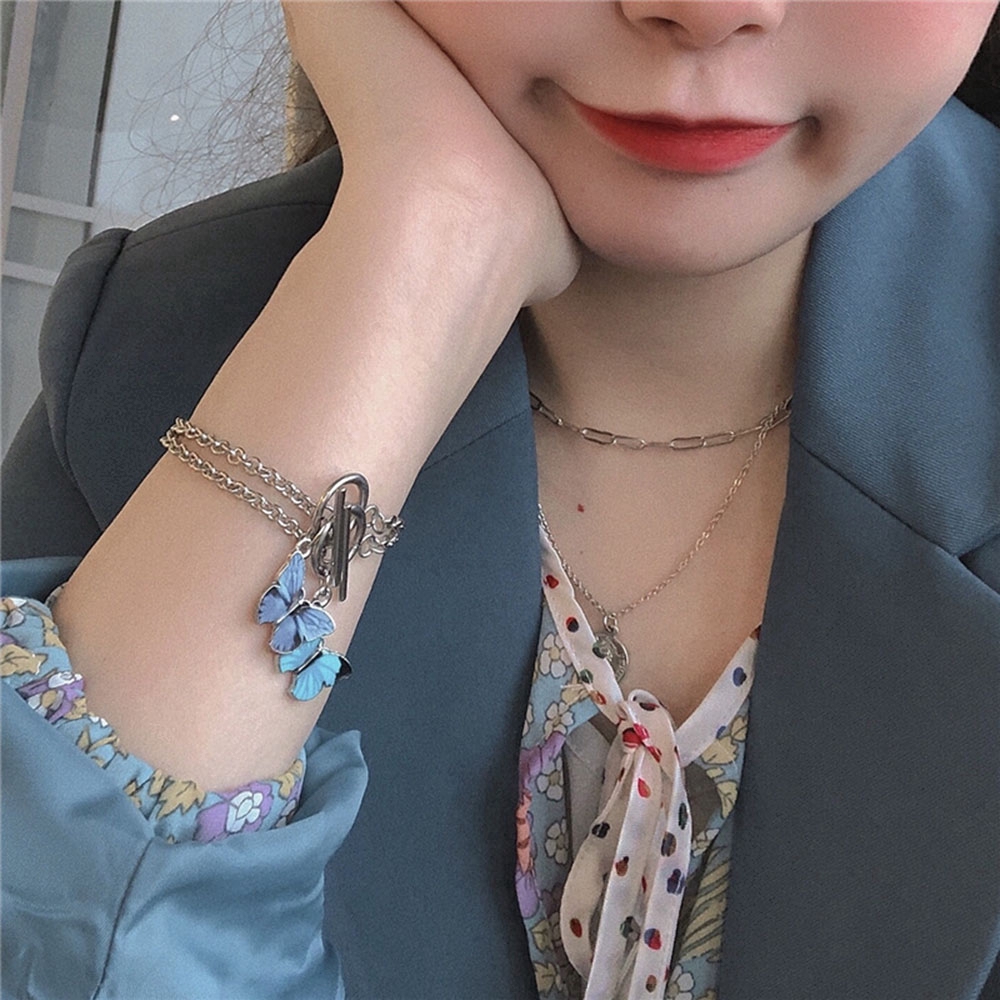 Vòng Đeo Tay Mặt Hình Bướm Màu Xanh Lam Sang Trọng Phong Cách Hàn Quốc Cho Nữ