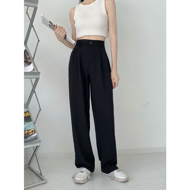 QKOOLE  Quần Dài Nữ Lưng Cao Ống Đứng Thời Trang Hàn Quốc