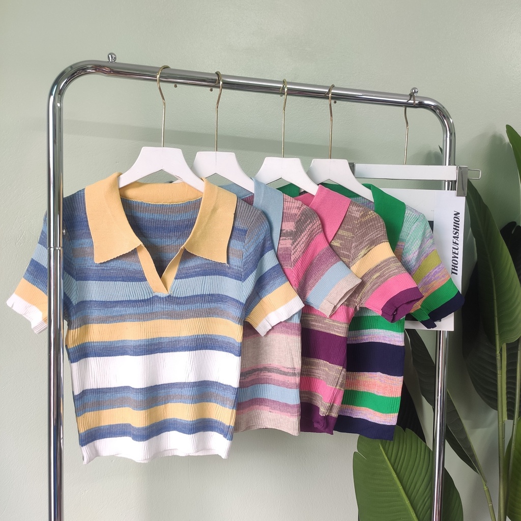 Áo polo nữ cổ bẻ phối kẻ ngang nhiều màu THOYEUFASHION Áo dệt kim nữ chất mongtogi cao cấp phong cách Hàn Quốc