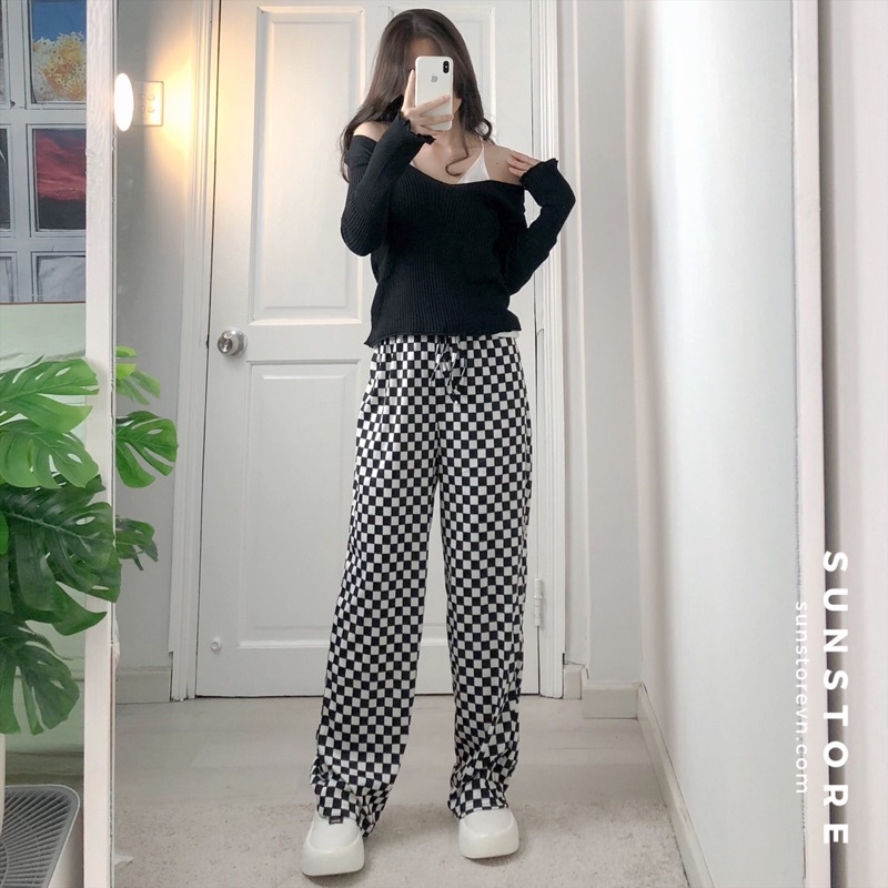 Quần ống rộng cạp cao họa tiết kẻ caro bàn cờ lưng chun co giãn Ulzzang