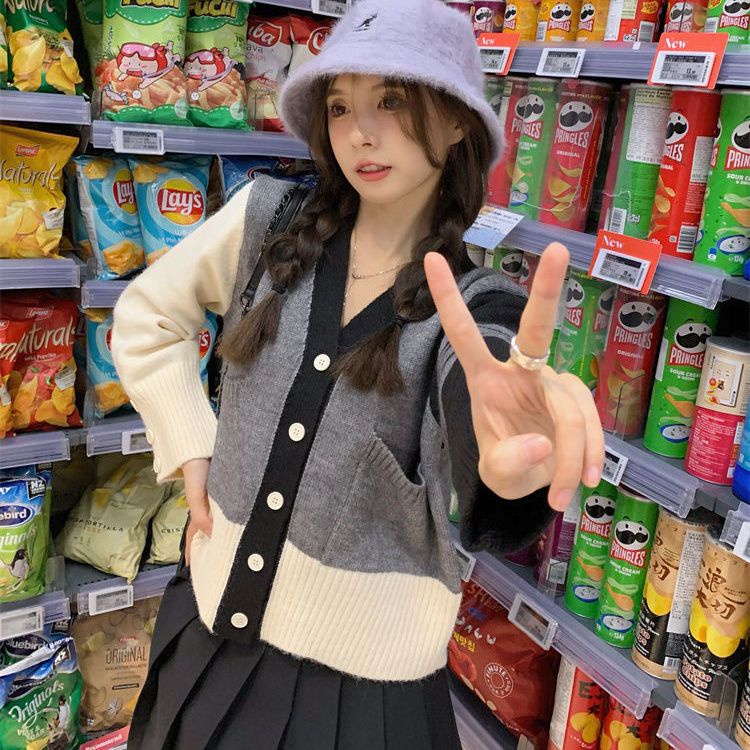 Áo Khoác Cardigan Cổ Chữ V Họa Tiết Kẻ Sọc Màu Sắc Tương Phản Thời Trang Thu Đông Cho Nữ