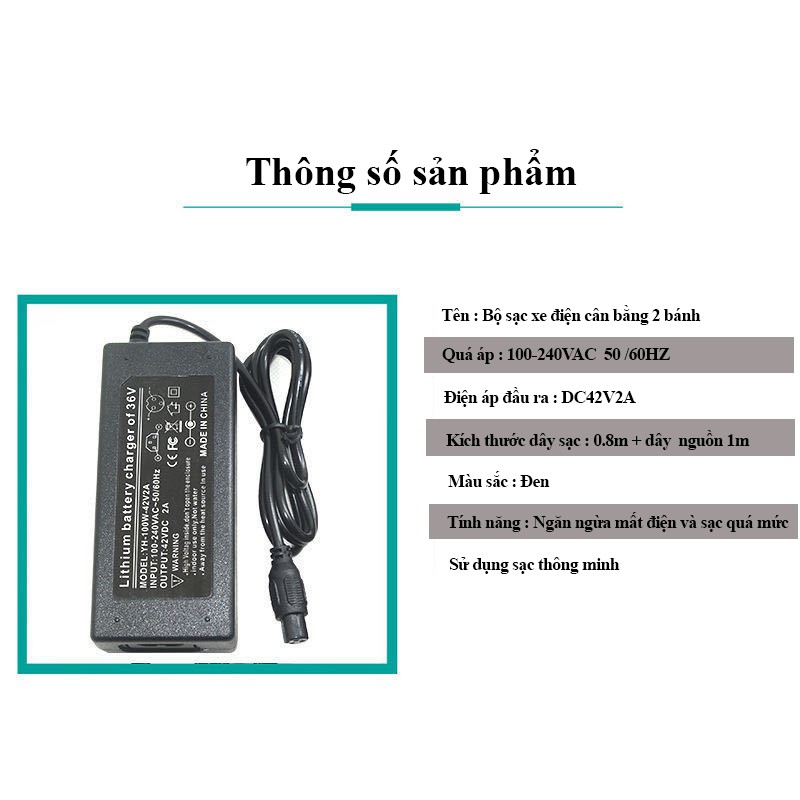 [FREESHIP] Sạc Xe Điện Cân Bằng 2 Bánh 42V Giắc tròn 3 chấu , đèn báo đầy