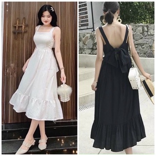 Đầm hai dây, váy maxi, váy đi biển nơ sau 2 màu có mút ngực (kèm hình thật)