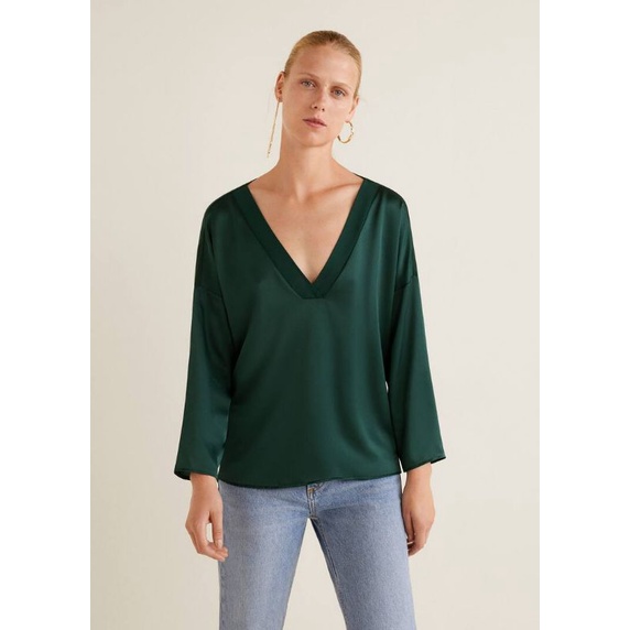 Mango satin blouse v neck long sleeves vnxk áo sơ mi kiểu công sở phối thun lụa satin tay dài hàng mng xuất khẩu dư xịn