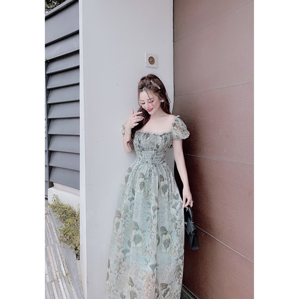 Đầm Maxi Hoa Cổ Vuông, Tay Ngắn Phồng, Nhún Ngực Chun Eo Ren Bèo, Dán suông (ECH012) - Vải Voan - 3 Màu Xanh, Hồng, Nude | BigBuy360 - bigbuy360.vn