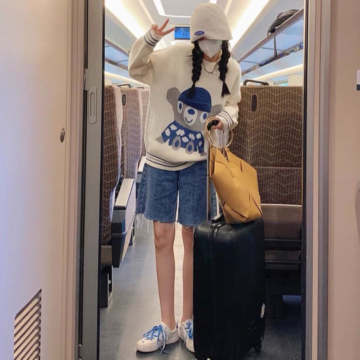 Áo Sweater Dệt Kim Dáng Rộng In Hình Chú Gấu Màu Xanh Dương Kiểu Hàn Quốc Thời Trang Mùa Thu Mới 2021