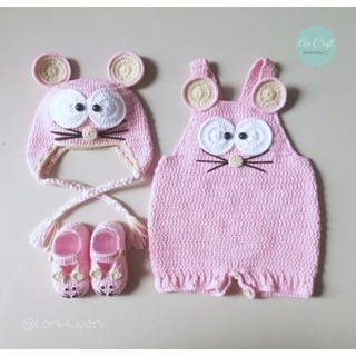 Set nón giày và quần yếm len handmade hình Chuột con màu hồng phấn xinh xắn dễ thương