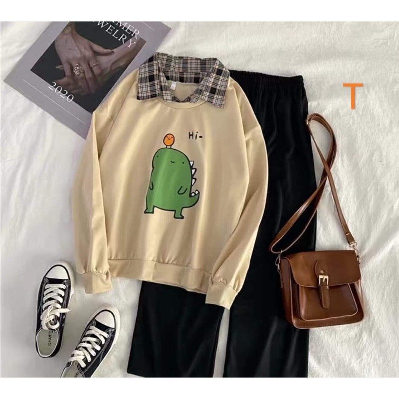 Sét áo nỉ bo khủng long Hi+quần rộng xuông, Áo nỉ Unisex from rộng, Chất nỉ ấm mặc không xù, thiết kế phong cách - MODY