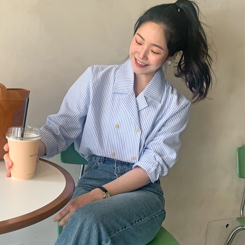 54123 Retro Pinstripe Ve Áo Sơ Mi Hai Hàng Nút