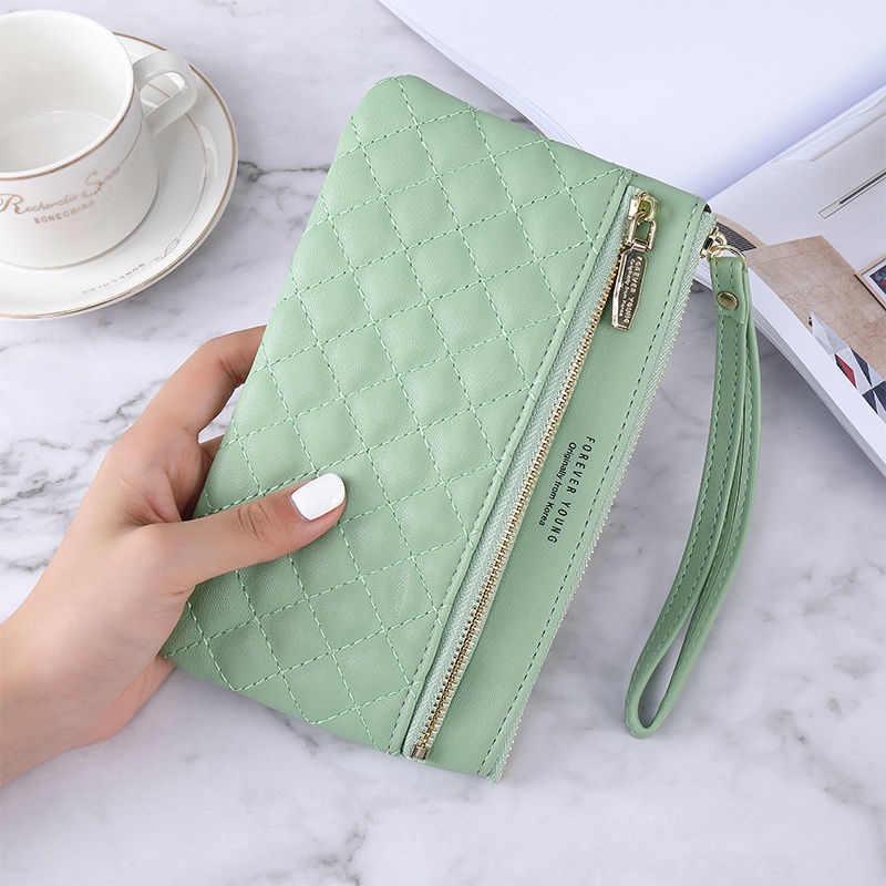 Ví Cầm Tay Dáng Dài Màu Trơn Có Khóa Kéo Đính Đá Đơn Giản Thời Trang Cho Nữ