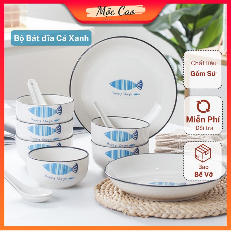 Set bát đĩa, bộ bát đĩa đẹp họa tiết cá xanh kèm hộp quà tặng – set bát đĩa phù hợp cho 2-4-6 người