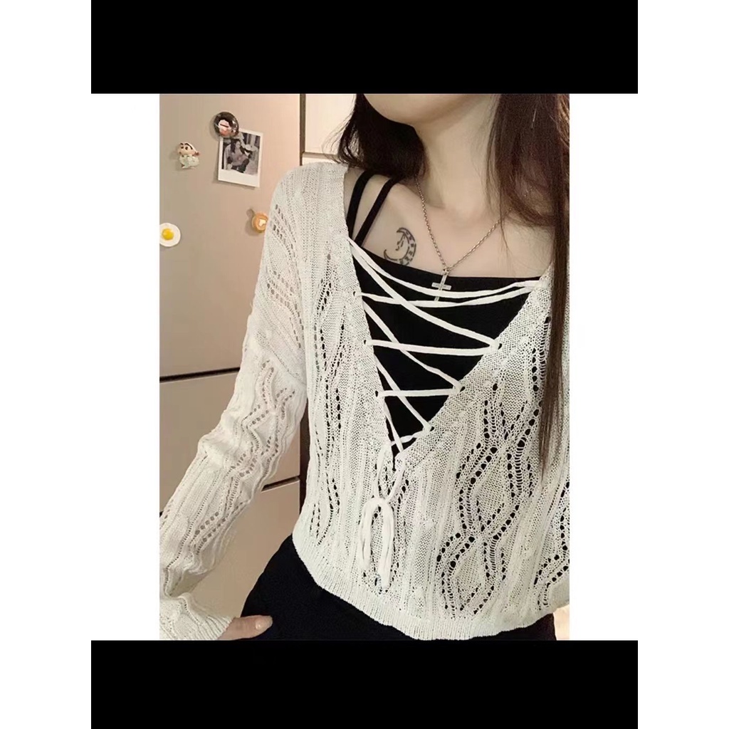 Áo Dệt Kim Tay Dài Dáng Rộng Cổ Chữ V Hở Lưng Thời Trang Cho Nữ