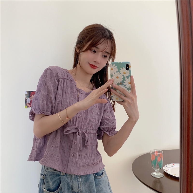 Áo bánh bèo áo kiểu nữ tiểu thư tay ngắn cổ tròn màu tím chất đẹp điệu đà sang chảnh thời trang 2020 | BigBuy360 - bigbuy360.vn