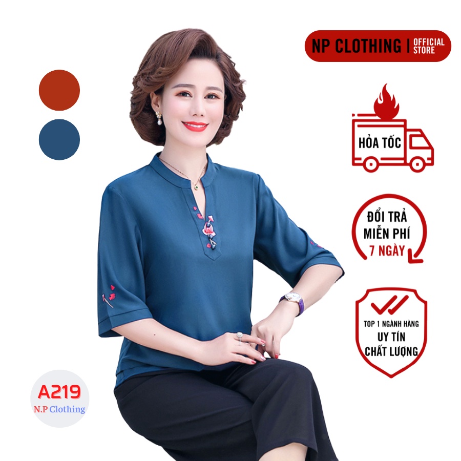 Áo Trung Niên Nữ, Mẫu Áo Kiểu Trung Niên Form Rộng, Cổ Tròn Thêu Hoa Sen Big Size, Chất Lụa Hàn Mát Mẻ Thời Trang