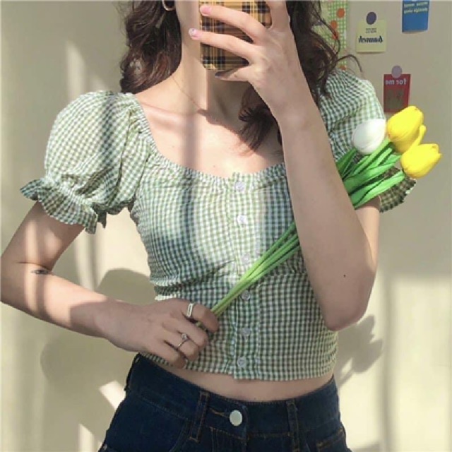 Áo Croptop Caro Cổ Vuông Tay Bồng