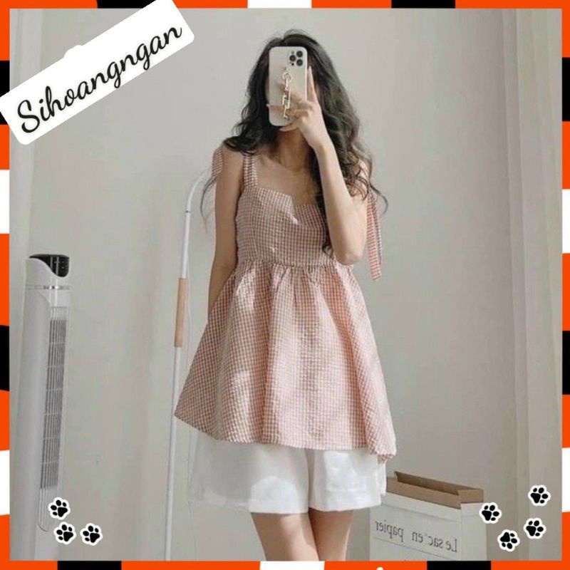 Set Babydoll Thắt Nơ Vai Kèm Quần Short Trắng Xinh Xắn sihoangngan