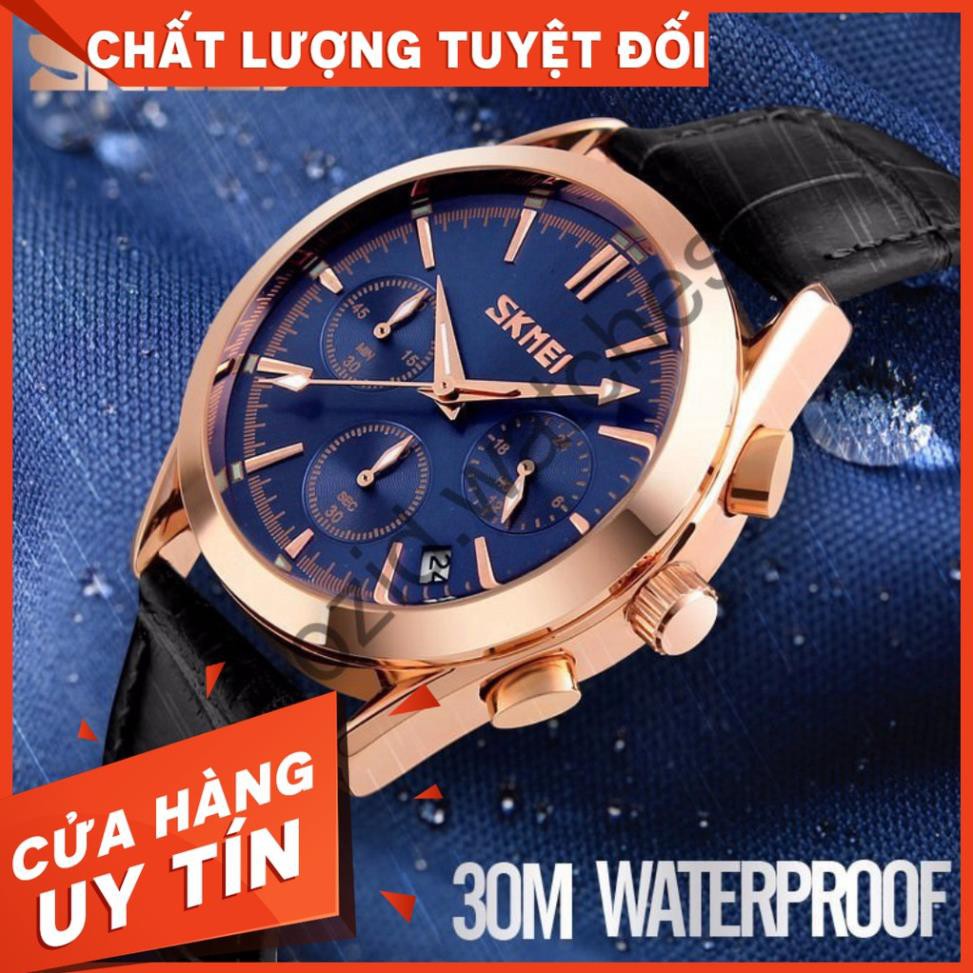 Đồng hồ nam chính hãng SKMEI 9127 dây da chống nước, viền kim loại - Lux.Watch