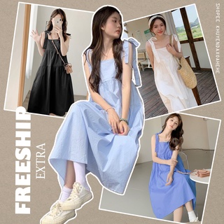 SUV003 Váy babydoll dáng dài 2 dây bản to xanh đen trắng thắt nơ form rộng Đầm bầu hai dây maxi 2 tầng buộc dây suông