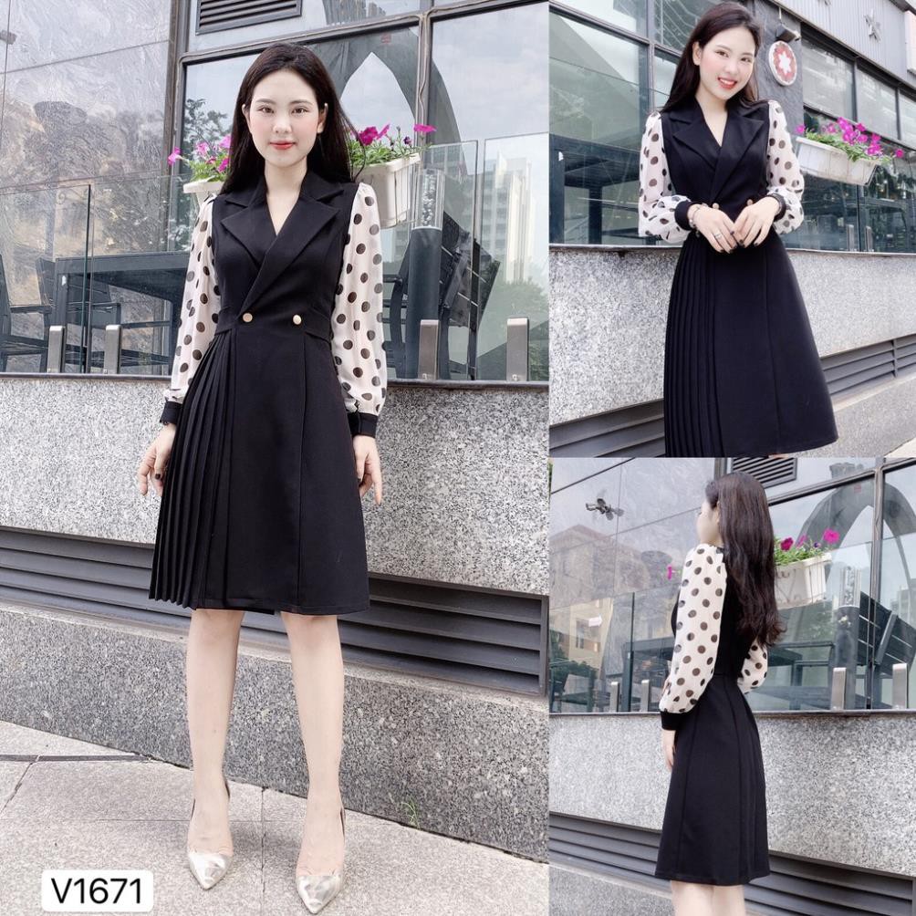 Váy xòe cổ vest tay phối chấm bi - Kirii Shop ( Ảnh mẫu và ảnh trải sàn do shop tự chụp )