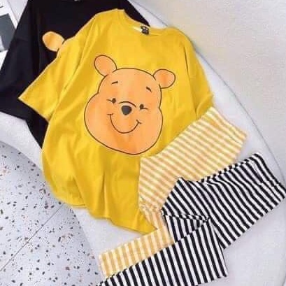 Đồ bộ nữ, set đồ bộ quần legging thun gân borip và áo thun cotton ngắn tay form rộng in gấu, đồ bộ mặc ở nhà