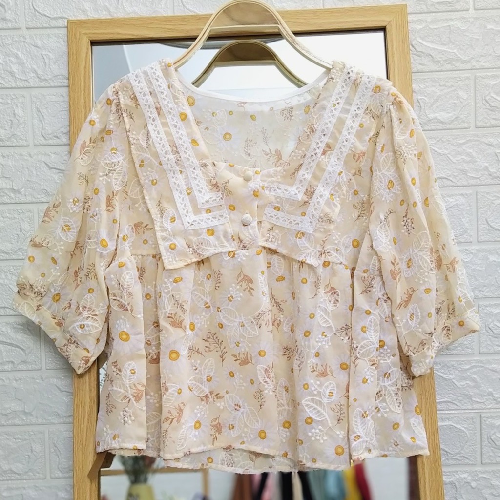 Áo babydoll voan thêu đục lỗ họa tiết hoa hồng cổ điển - Momiji Store