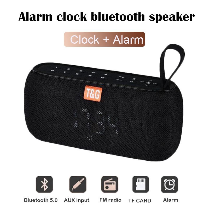 Loa Bluetooth di động nhỏ gọn, hỗ trợ thẻ nhớ, cổng USB và FM radio, có hiển thị giờ, cài đặt chuông báo thức TG-177