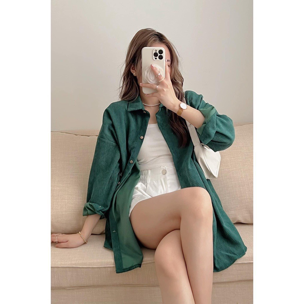 Áo sơ mi nữ nhung tăm form rộng tay dài khoác ngoài bigsize LAVILO SM09