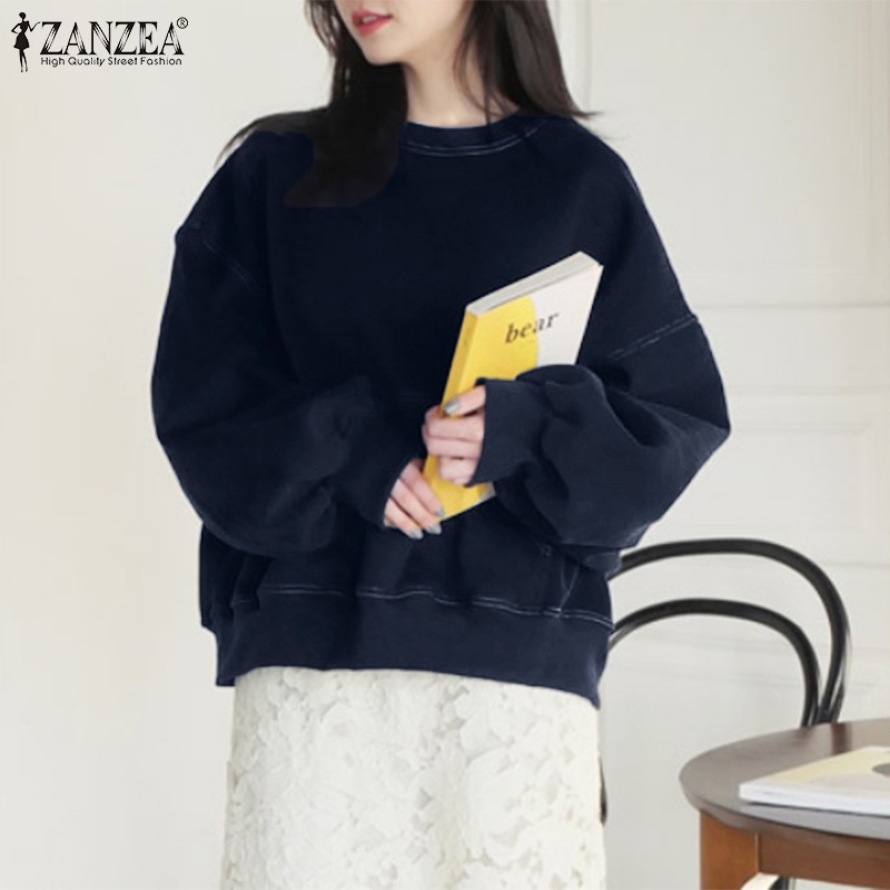 Áo sweatshirt ZANZEA cổ tròn dáng rộng tay dài màu trơn thời trang đường phố cho nữ