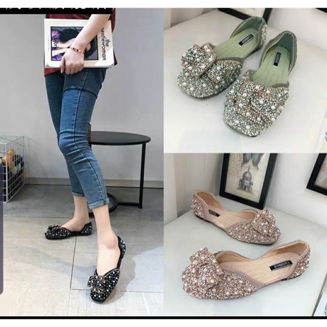 [Free ship-Kèm ảnh thật] Giày búp bê nữ nơ mũi vuông đính ngọc đá hàng Quảng Châu cao cấp full box