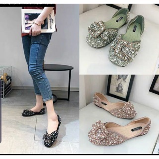 [Free ship-Kèm ảnh thật] Giày búp bê nữ nơ mũi vuông đính ngọc đá hàng Quảng Châu cao cấp full box