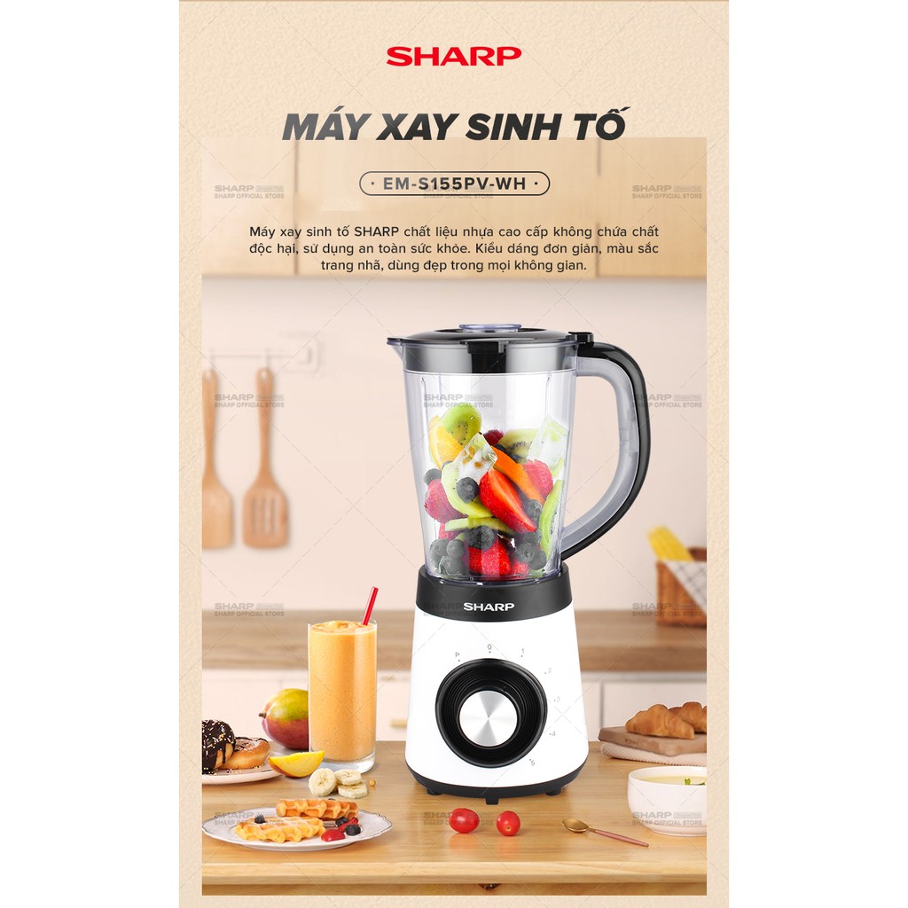 [Mã ELBAU10 giảm 10% đơn 500K] Máy Xay Sinh Tố Sharp EM-S155PV-WH 1.5L [Công suất: 500W, 5 Tốc Độ Xay] BH 12 Tháng