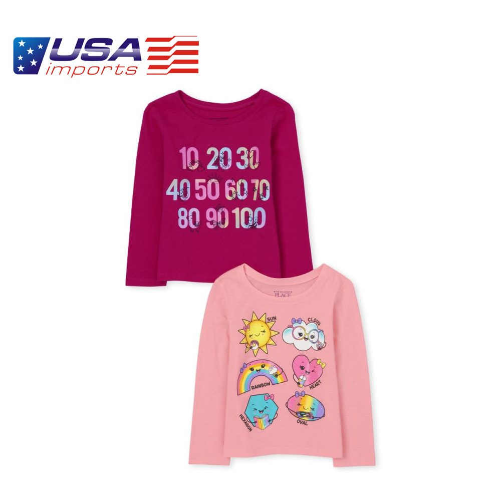 Set 2 áo thun tay dài hồng rainbow Children's Place Auth Từ Mỹ (3016032_32SJ)