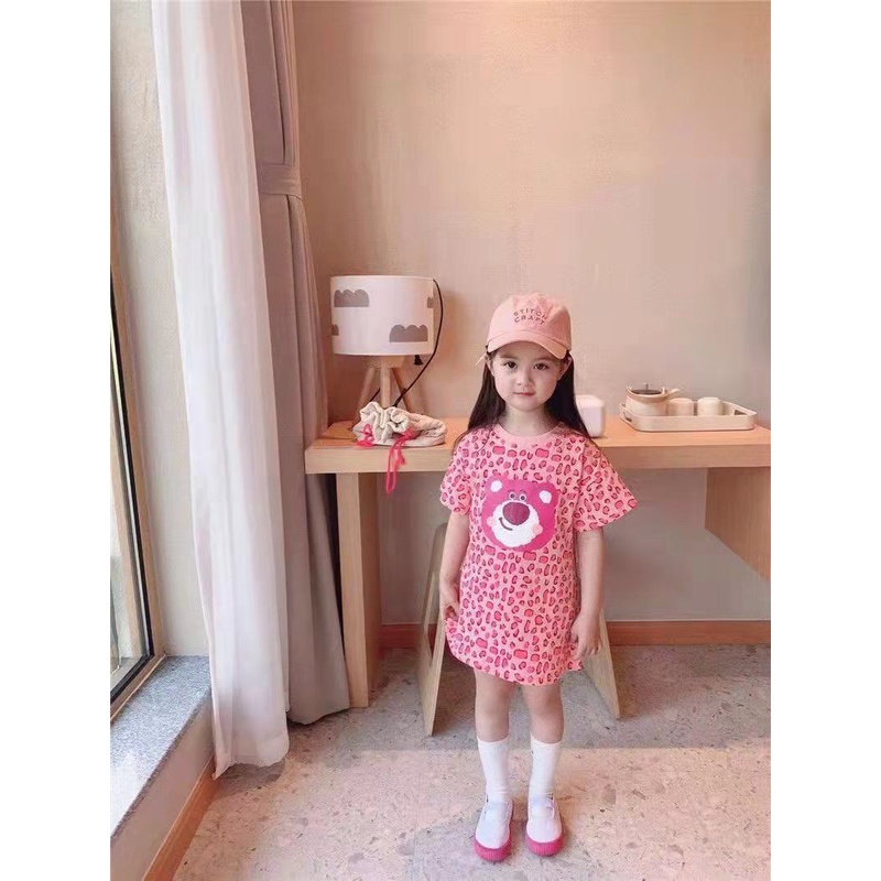 [Kacily]Bé gái mặc váy họa tiết hoạt hình Bé gái mặc áo phông họa tiết gấu hồng 1-9 tuổi