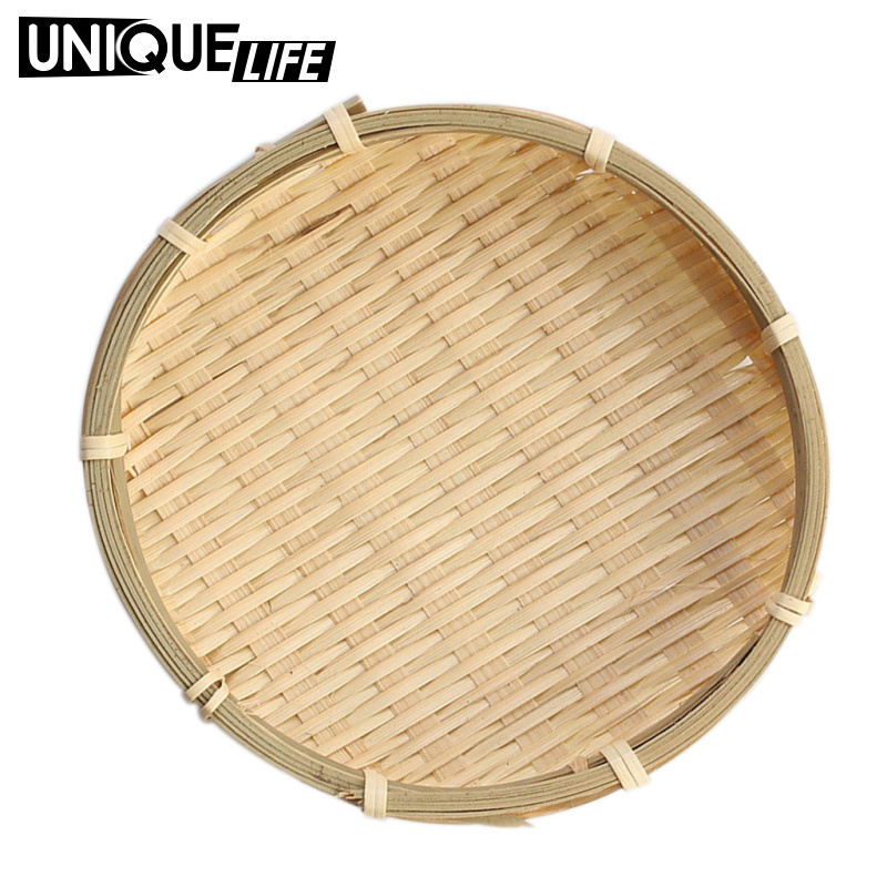 [Unique Life]2xBamboo Plate Bamboo Weave Sieve Groceries Baskets Circular Receive L