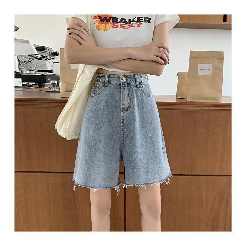 Quần Short Denim Ống Rộng Lưng Cao Phong Cách Hàn Quốc Dành Cho Nữ