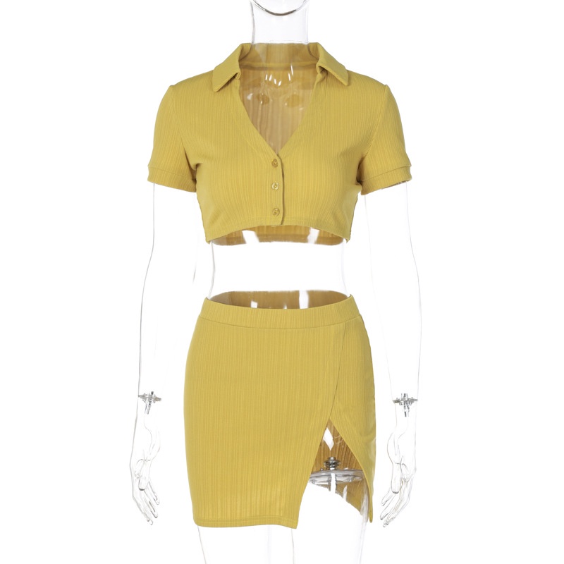 Set Áo Thun Ngắn Tay Cổ Polo Phối Chân Váy Lưng Cao Xẻ Tà Thời Trang Trẻ Trung Cho Nữ