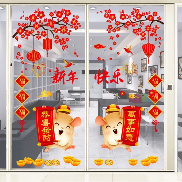 Combo Decal dán Tết - 2 Chuột hỷ phối Mai Đỏ chào Xuân ( 2 tấm )