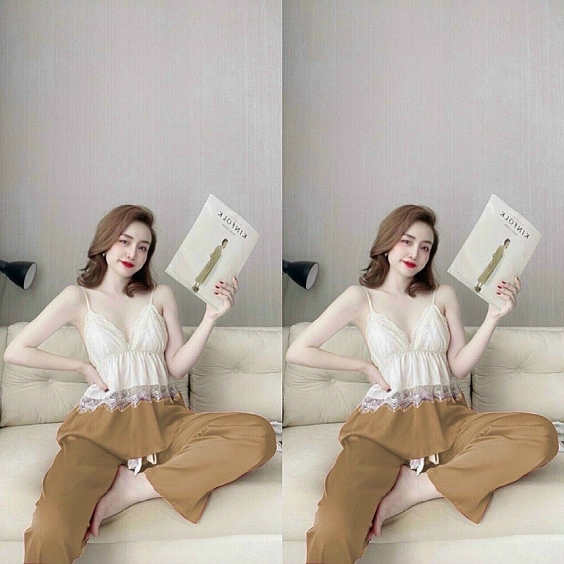 Set bộ ngủ dài hai dây lụa satin phối lưới có mút cao cấp | BigBuy360 - bigbuy360.vn