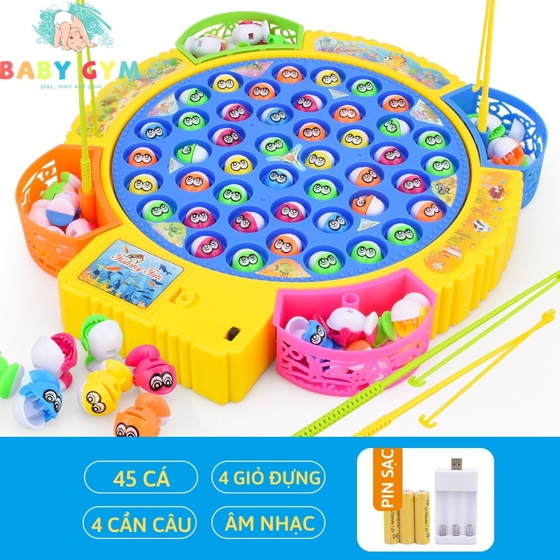 Đồ chơi câu cá cho bé bằng nhựa, nhiều màu, có nhạc, tặng kèm pin - Bộ 45 con cá, cần câu móc - BABYGYM