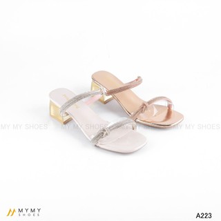 A223 Sandal quai trong pha dây đá lệch gót vuông vàng 5p