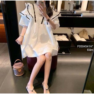 Đầm xòe thô phối bèo chạy viền cổ tròn tay ngắn!