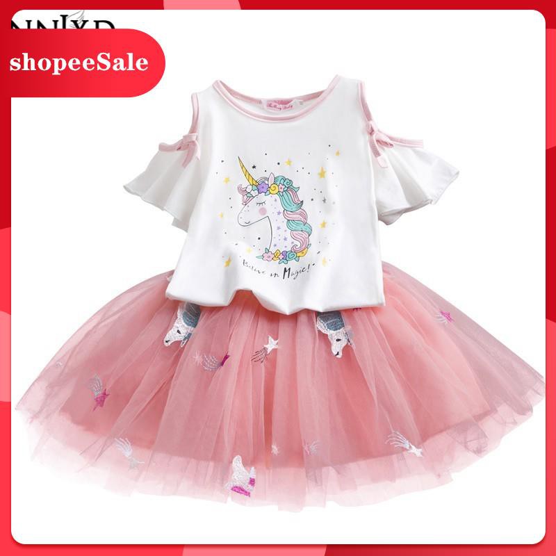Bộ áo thun NNJXD in hình kỳ lân + chân váy đáng yêu cho bé gái